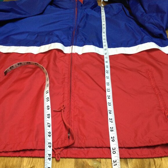 Vintage Woolrich Mens Red Blue Nylon Windbreaker Jacket Hidden Hood Size L - Picture 10 of 11